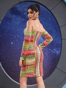 女士性感全身印花露肩正式晚礼服、派对礼服、婚礼宾客礼服、长袍 - 彩色 - 查看 5