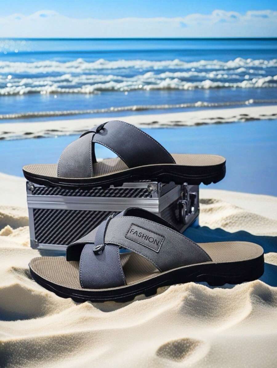 2025 New Men's Blue And Gray Color Block Slide Sandals, Letter Logo Criss-Cross Strap Anti-Slip Lightweight Beach Outdoor Casual Breathable Slippers - Blue - View 1