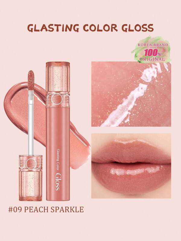 Rom&nd Luciu de buze Romand Glasting Color Gloss 09 PEACH SPARKLE, Vâscozitate ridicată, Finisaj Glass care intensifică aspectul buzelor, Film Glassy, Strălucire cu aspect umed, Gel Dewy, Hidratare 6H, Formulă vegană, Dimensiune de buzunar, K-Beauty Glass Lips, Strălucire Photo-Ready, Rescue pentru buze uscate, K-Beauty, Machiaj coreean