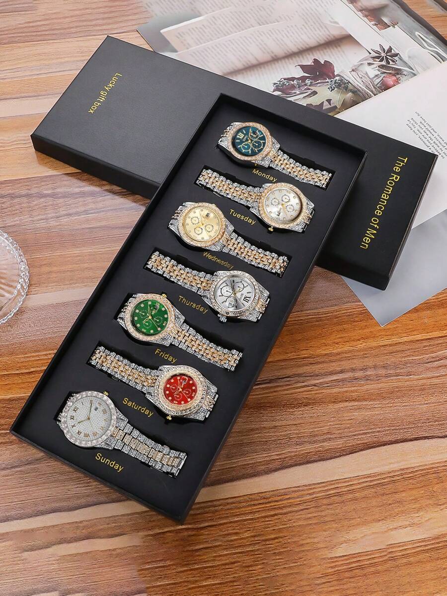 7pcs/Set Fashionable Rhinestone Faux Three-Eye Quartz Watch Set, Suitable Gift For Friends, Girlfriend, Brother, Lover, Mother, Holiday Gift - Multicolor - View 1