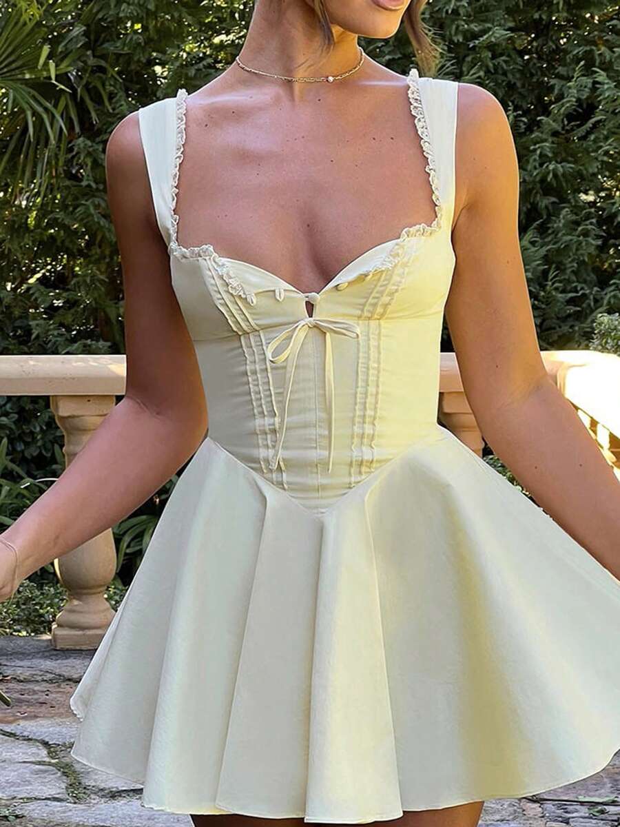 Women's Mini Corset Dress A-Line Deep V Neck Backless Ruffle Hem Sleeveless Dress For Party Club - Amarillo - Ver 1