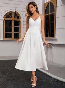 Women's Satin Camisole Embroidered Lace Waist Wedding Dress, Bridal Gown - White - View 5