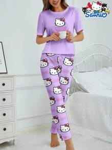 Sanrio Set da notte Hello Kitty Sanrio da 2 pezzi, composto da maglietta a maniche corte con collo tondo e pantaloni lunghi, con stampa a cartoni animati e lettere, pigiama comodo