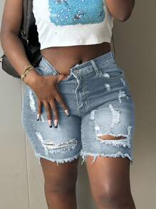Quần short denim cạp cao co giãn kiểu Âu và Mỹ mới, thích hợp mặc mùa hè. - Rửa nhẹ - Xem 5
