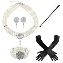 1 Set 5pcs Women's Faux Pearl Necklace, Celebrity Audrey Style With Crystal Studded Pearl Necklace & Choker Necklace Combo - Multicolor - View 2