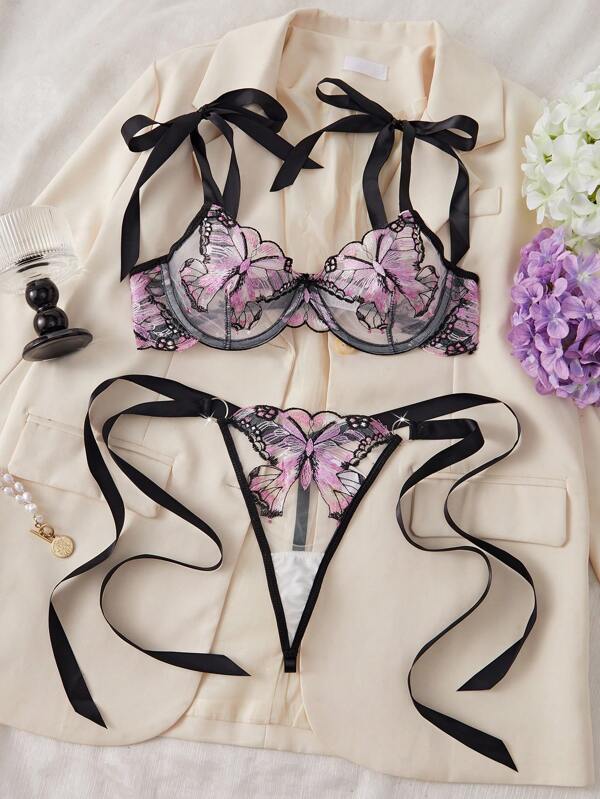 Sexy Women Purple Mesh Butterfly Embroidery Sheer Criss-Cross Lingerie Set, Romantic Gift Set For Valentine's Day
