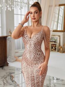 女士派对礼服（重磅款式）亮片装饰细肩带鱼尾晚礼服，正式，适合婚礼宾客 - 金色 - 查看 9