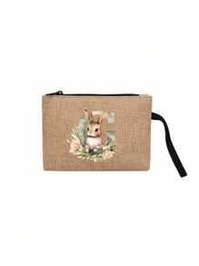 1pc Khaki Linen Makeup Bag With Letters And Rabbits Printed On It, Rabbit Print Fashionable Wreath Letter Pattern,Coin Wallet, Makeup Bag, Ladies' Birthday Gift, Teacher's Thank You Gift - Khaki - View 19