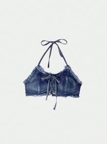Women's Summer Sexy Denim Bikini Set - High-Waisted Thong & Lace-Up Top Beach Swimwear Bathing Suit