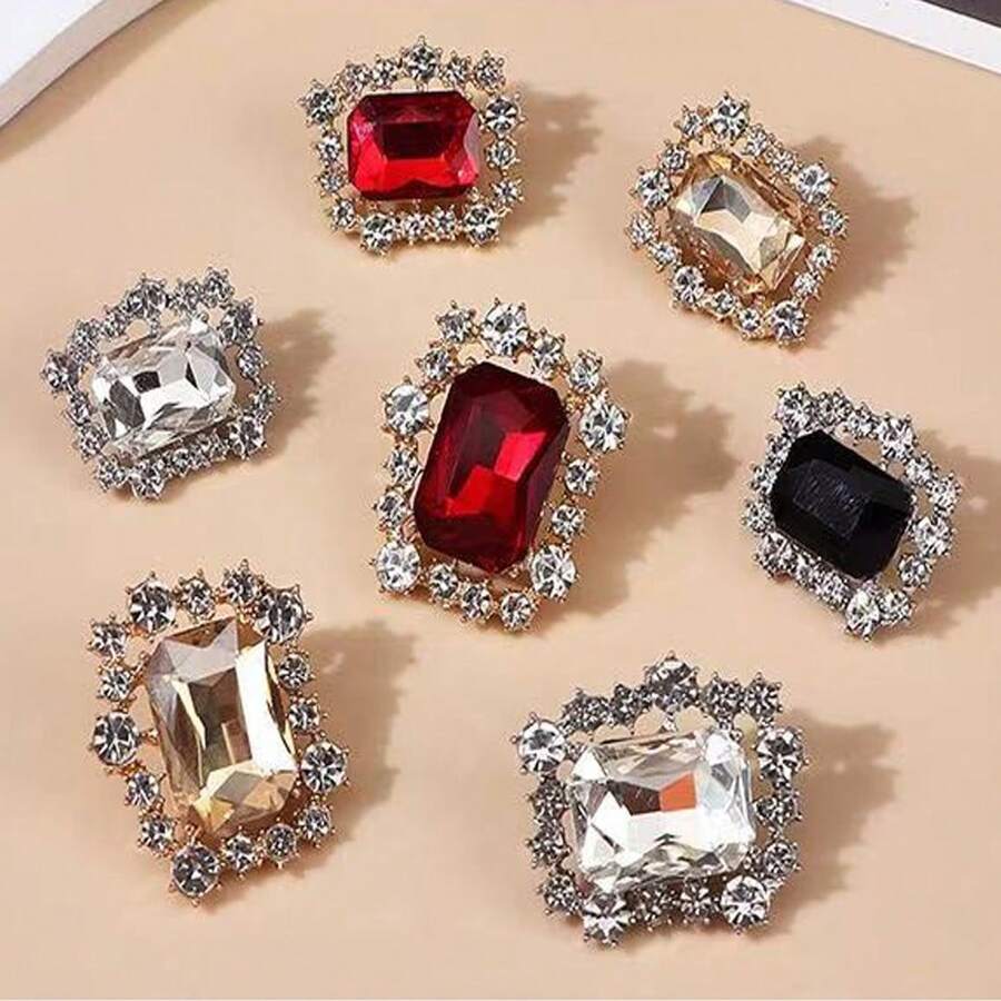 6 Peças Botões de Vidro de Cristal Retangulares, Botões de Strass de Alta Qualidade Adequados para Casacos de Lã, Cardigãs, Casacos de Pele, Decoração Feita à Mão de Liga Metálica