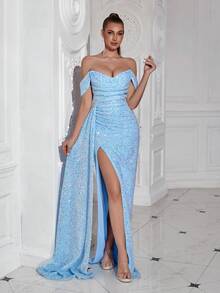 Ruffle Off-Shoulder Slit Sequin Long Cocktail Dress With Long Ribbon, Elegant And Charming For Dates And Galas - Baby Blue - View 8