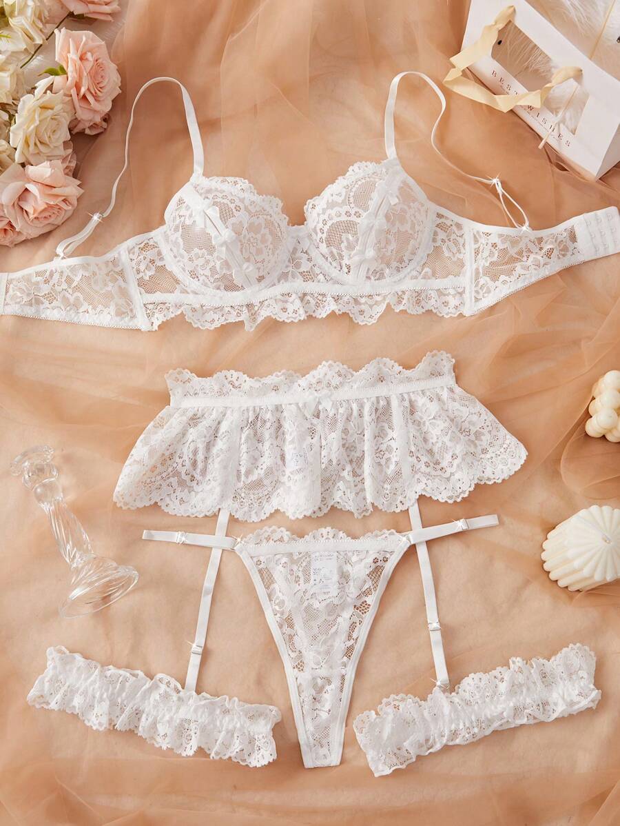 4pcs/Set Sexy White Lace Floral Hollow-Out Women's Lingerie Set, Seductive Uniform, Ideal For Valentine's Day, Nightclub, Bedroom, Rave, Going Out
