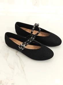 RevReaL Glitter Mary Jane Flats With Double Straps - Black - View 4