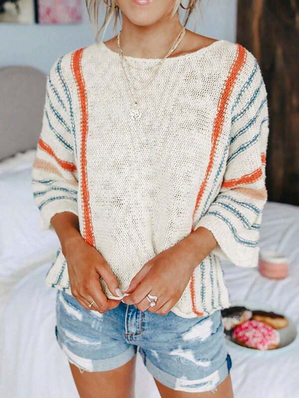 Plus Size Women Loose Fit Color Block Striped Short Sleeve Pullover Sweater, Beach & Casual Vacation Wear