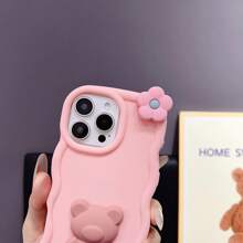 1pc Candy-Colored Wavy Floral & Small Bear Kickstand Phone Case Compatible With Iphone 16, Galaxy S24 Ultra, Infinix Smart 8/Infinix Hot 40i/Tecno Spark 20/Tecno Spark 20C/Tecno Spark Go 2024