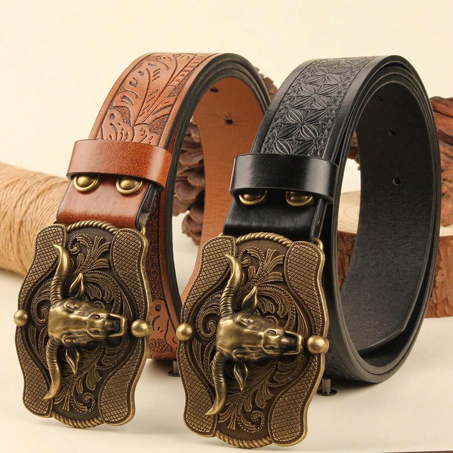 3.7cm Wide Cowboy Style Western Open-Mouth Bull Head Shape PU Leather Belt Buckle, Smooth Buckle With Stamping & Round Hole Design For Men & Women
