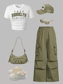 Tween Girl Letter Graphic Print Short Sleeve Top And Cargo Pants Set