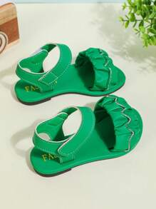1 Pair Plus Size Green Baby/Toddler Girls Flat Sandals With PU Pleated Straps, Rhinestone Decor, Adjustable Strap Design, Round Toe For 3-16 Years Old Girls, Casual, Vacation, Daily Wear, Spring/Summer 2025