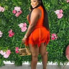 Summer Fashionable Casual Fitted Tank Top And Fringed Hem Skinny Shorts Set, Suitable For Music Festivals - Orange - View 3
