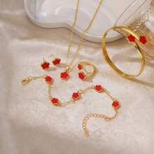 Set da 6 pezzi di accessori decorativi con fiori fortunati dello stesso colore per ragazze, 1 paio di orecchini, 1 collana, 1 braccialetto, 1 braccialetto, 1 set di anelli adatto per uso quotidiano