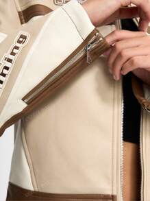 OUTTA BOX Women's Long Sleeve Zip Up Collared Patchwork Letter Embroidery PU Motorcycle Jacket