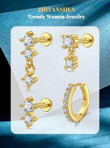 4 piezas Pendientes de cartílago para mujer de plata y oro, pendientes planos para tragus, helix, joyería para perforaciones, hipoalergénicos, pendientes apilables, pendientes de botón de oro para mujeres, pendientes para mujeres, pendientes de espalda plana, pendientes para el segundo orificio para mujeres