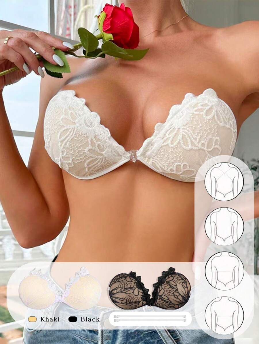3件/(1条蕾丝加厚掌心+2条透明肩带)双肩带聚拢胸贴加厚3CM掌心透气杯/聚拢露背透气内衣隐形胸贴性感女婚纱 - 查看 1