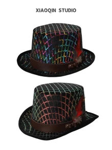 1 pieza Unisex Sombrero de copa plano con plumas decorativas de lentejuelas de tartán de colores, adecuado para actuaciones en el escenario, espectáculos de magia, bares, discotecas, fiestas y reuniones