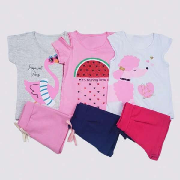 Kit 4 peças de Roupas sortidas infantil Menina 2 Camisetas mais 2 Bermudas Verão -Conjunto Feminino Infantil Sortidos