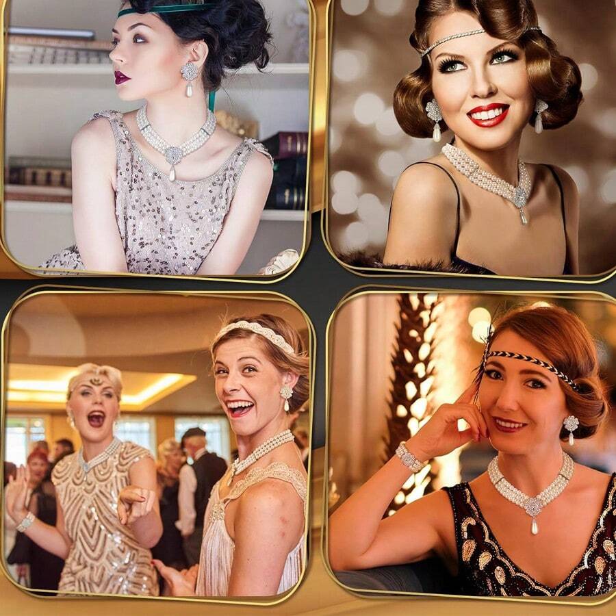 1 Set 5pcs Women's Faux Pearl Necklace, Celebrity Audrey Style With Crystal Studded Pearl Necklace & Choker Necklace Combo - Multicolor - View 1