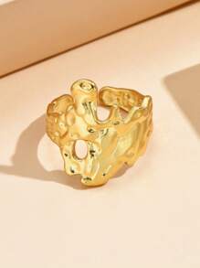 1pc Vintage Baroque Style Stainless Steel Asymmetrical Textured Liquid Adjustable Ring, 18K Gold Plated Accessories For Women, Holiday Wear