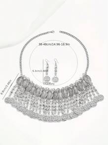 1 Pezzo Collana + 1 Paio Orecchini, Set di gioielli boho vintage oversize con moneta e nappine per le donne