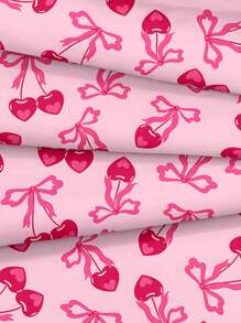 3 件套粉色背景樱桃水果可爱蝴蝶结印花床上用品套装（1 件床笠 + 2 件枕套，无填充物），柔软亲肤的涤纶纤维，适合卧室日常使用，四季皆宜