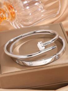 Camhanno 2 Pieces Of Light Luxury Fashion Stainless Steel Plum Blossom Nails + Eight-Pointed Star Diamond Bracelet Are Suitable For Holiday Girlfriends - Gold - View 10