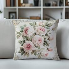 1 pieza Funda de cojín decorativo grande con estampado de rosa rosa, material de terciopelo durazno, impresión de un solo lado, 45*45cm, adecuado para sala de estar, dormitorio, sofá, uso en el hogar, regalo