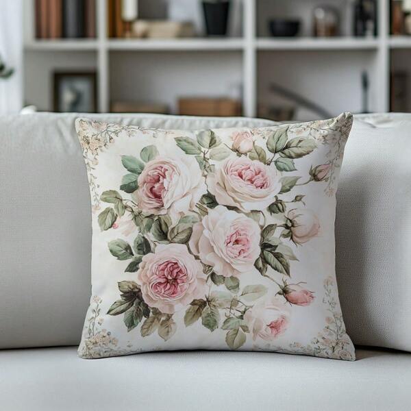 1 pieza Funda de cojín decorativo grande con estampado de rosa rosa, material de terciopelo durazno, impresión de un solo lado, 45*45cm, adecuado para sala de estar, dormitorio, sofá, uso en el hogar, regalo