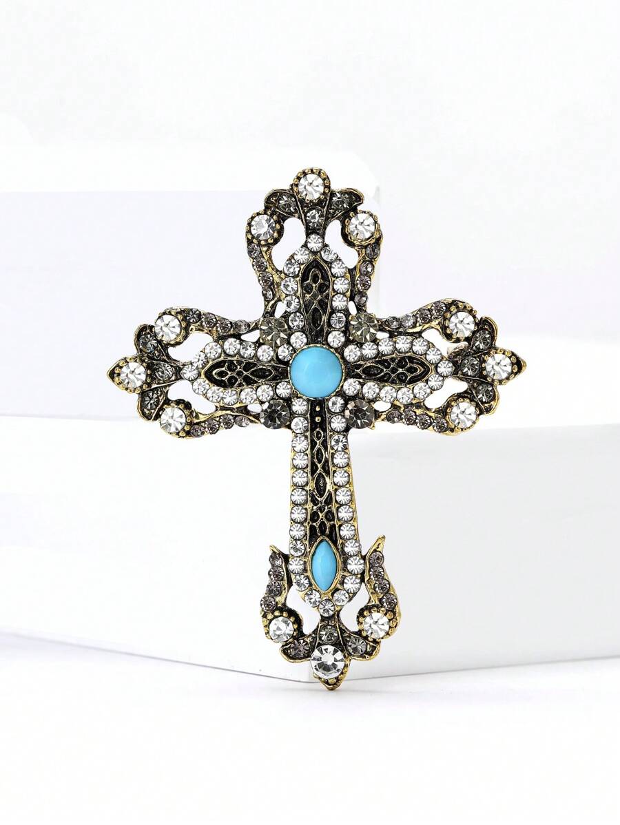 Vintage Rhinestone Cross Brooch For Women Dress Suit Pin Accessories Party Banquet Gift - Cross - View 1