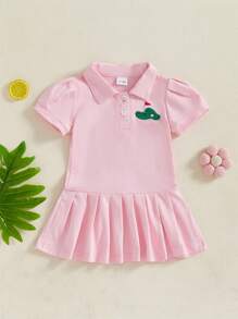 Vestido tipo polo para niñas pequeñas con bordado de cerezas, manga corta, plisado, vestido de tenis, vestido de verano de corte A - Rosa - Ver 1