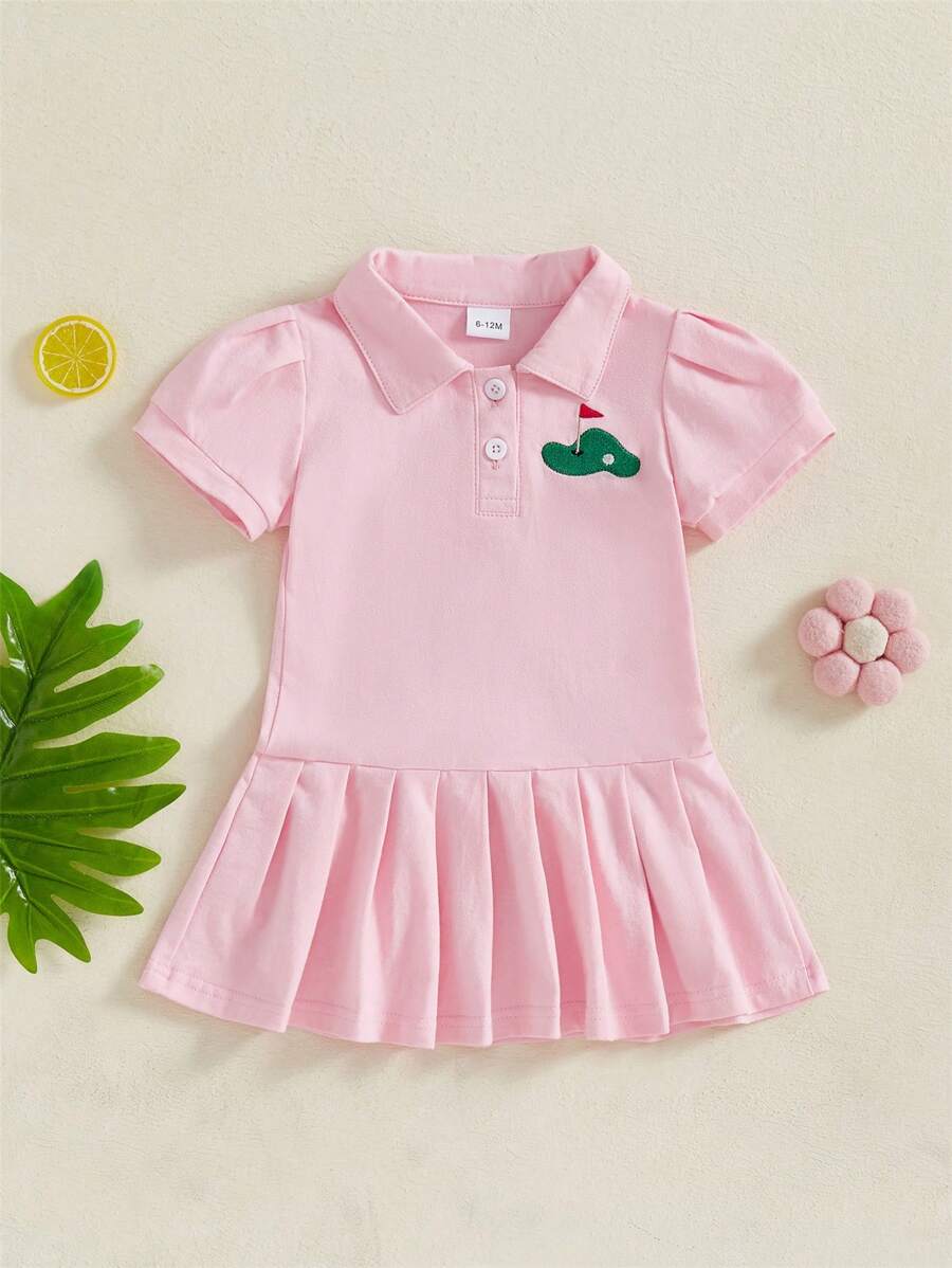 Vestido tipo polo para niñas pequeñas con bordado de cerezas, manga corta, plisado, vestido de tenis, vestido de verano de corte A - Rosa - Ver 1