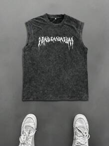 Regata Masculina com Estampa de Letras Lavada, Minimalista e na Moda, Adequada para o Verão