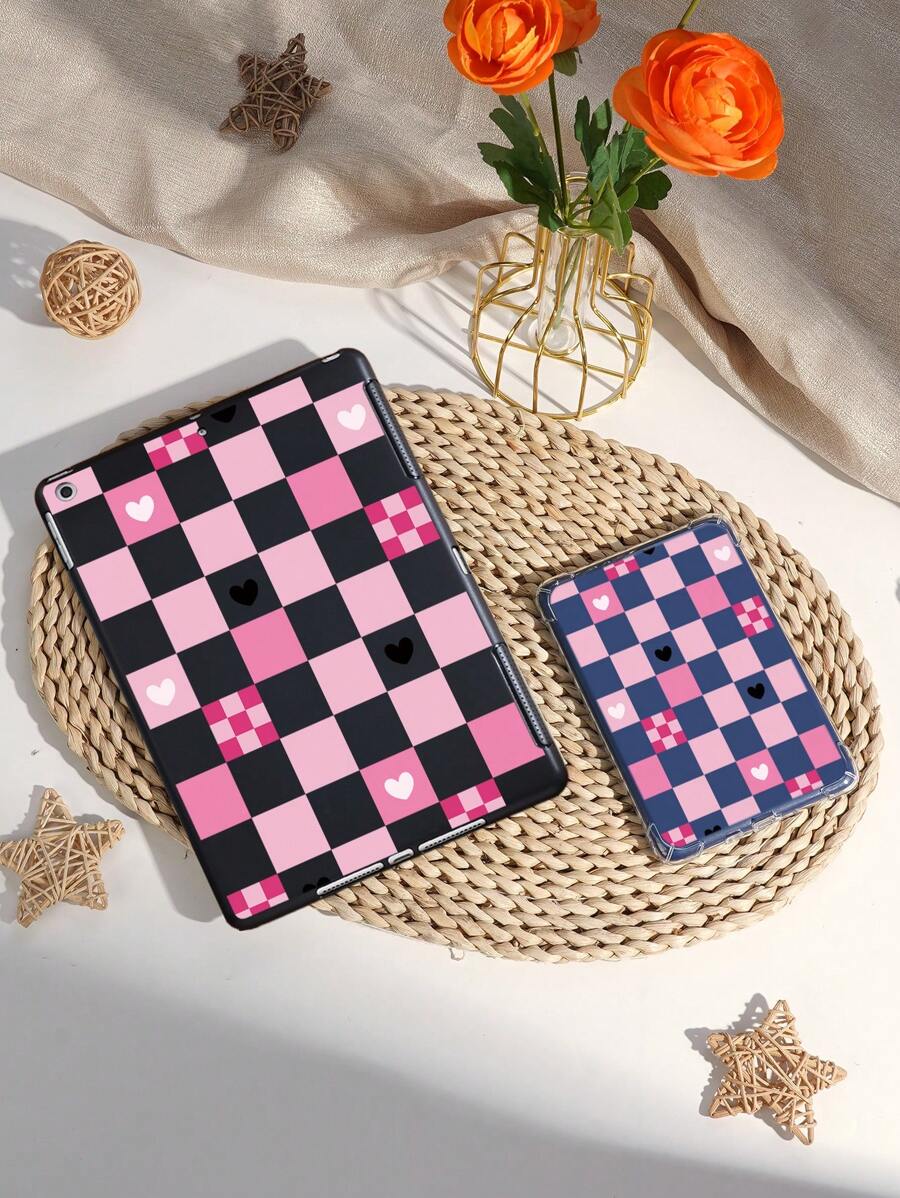 粉色格子保护套适用于 iPad 第 10 代、iPad Air 4/5 10.9 英寸，兼容三星 Tab A7 Lite 8.7 英寸、S6 Lite 10.4 英寸，四角防摔，单手握持