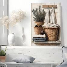 1 Pc Framed Laundry Room Decor, Laundry Baskets, Vintage Country Print Wall Art Textured Canvas Poster Painting Wall Decor For Bedroom Living Room, Ready To Hang