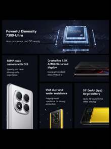 Xiaomi POCO X7 5G 全球版 8GB+256GB 智能手机 Dimensity 7300-Ultra 6.67 英寸 CrystalRes AMOLED 显示屏 50MP 主摄像头，带 OIS 45W 涡轮充电 5110mAh（典型值）电池 IP68 防水防尘 - 黑色 - 查看 2