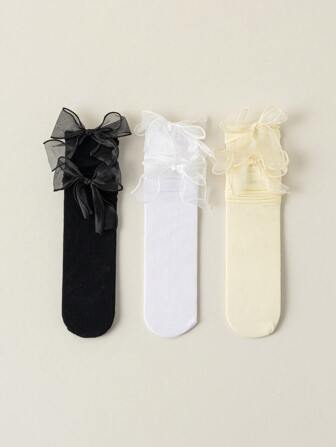 3双大号蕾丝边女童袜子，适合12岁以下女孩