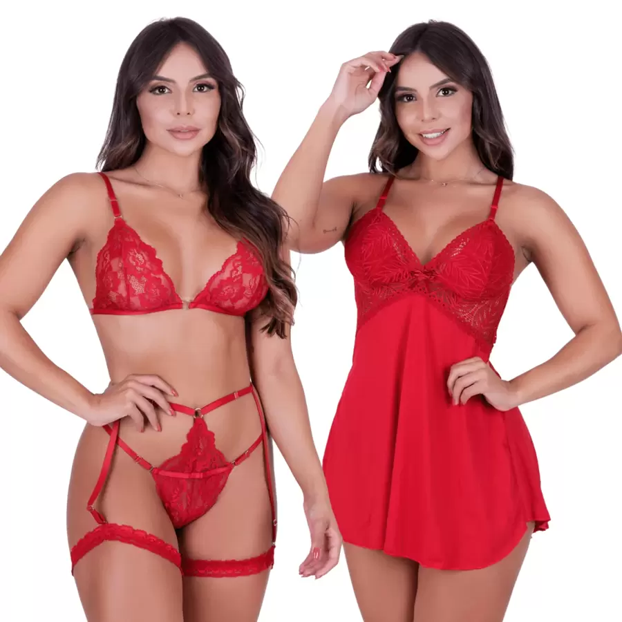 Lace Backless Camisole Kit + Garter Belt Set - Rojo - Ver 1