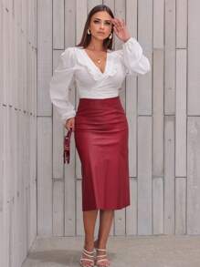 Longuete Evasé Round Leather Skirt Evangelical Fashion - Burgundy - View 6