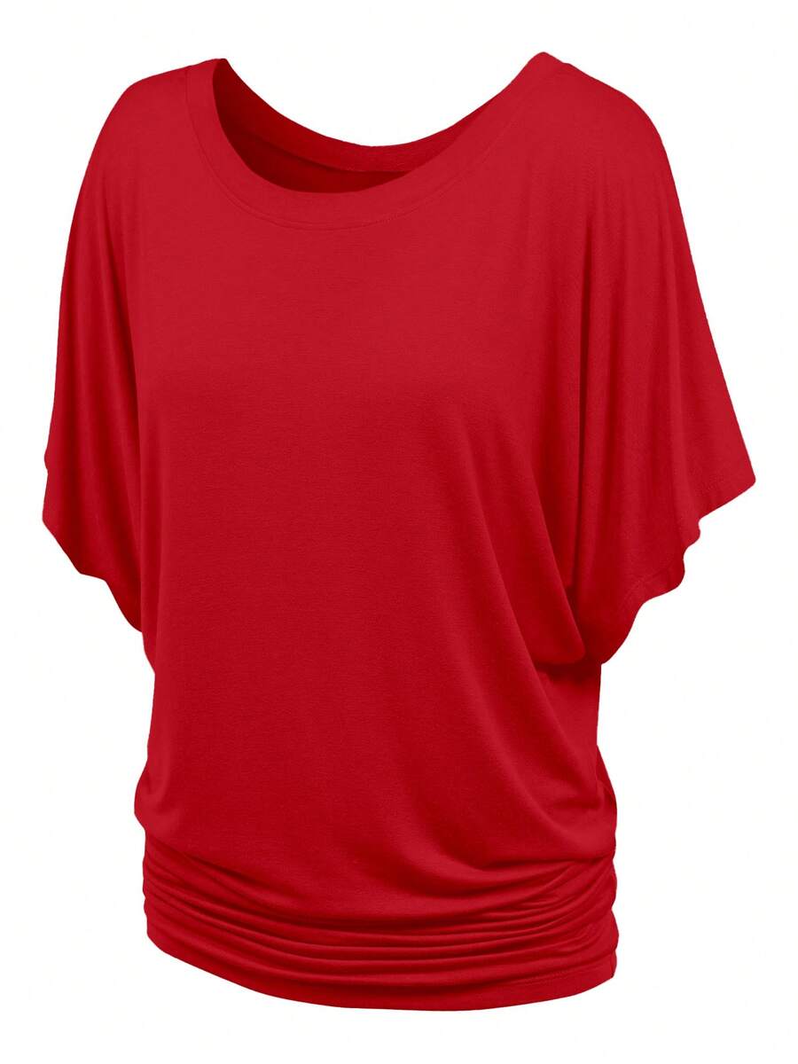 HIGHFINE Women's Boat Neck Short-Sleeved Bat Sleeve On The Band Side Draping - Đỏ - Xem 1