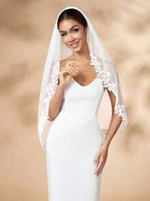 1 pieza Velo de novia corto y suave de tul de marfil con encaje