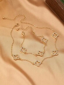 1 Set Vintage Elegant Women Hollow Crystal Four-Leaf Clover Pendant Necklace And Bracelet Set, European And American Style - Yellow Gold - View 2