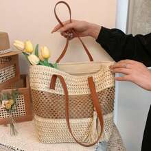 Women Large Capacity Tote Bag Fashion Trendy Tassel Beach Shoulder Bag Handbag for Travel Daily Shopping - Beis - Ver 5